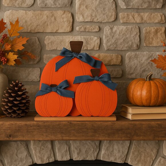 Rustic Wooden Pumpkin Trio with Denim Bows – Farmhouse Fall Mantel Decor - Picture 1 of 1